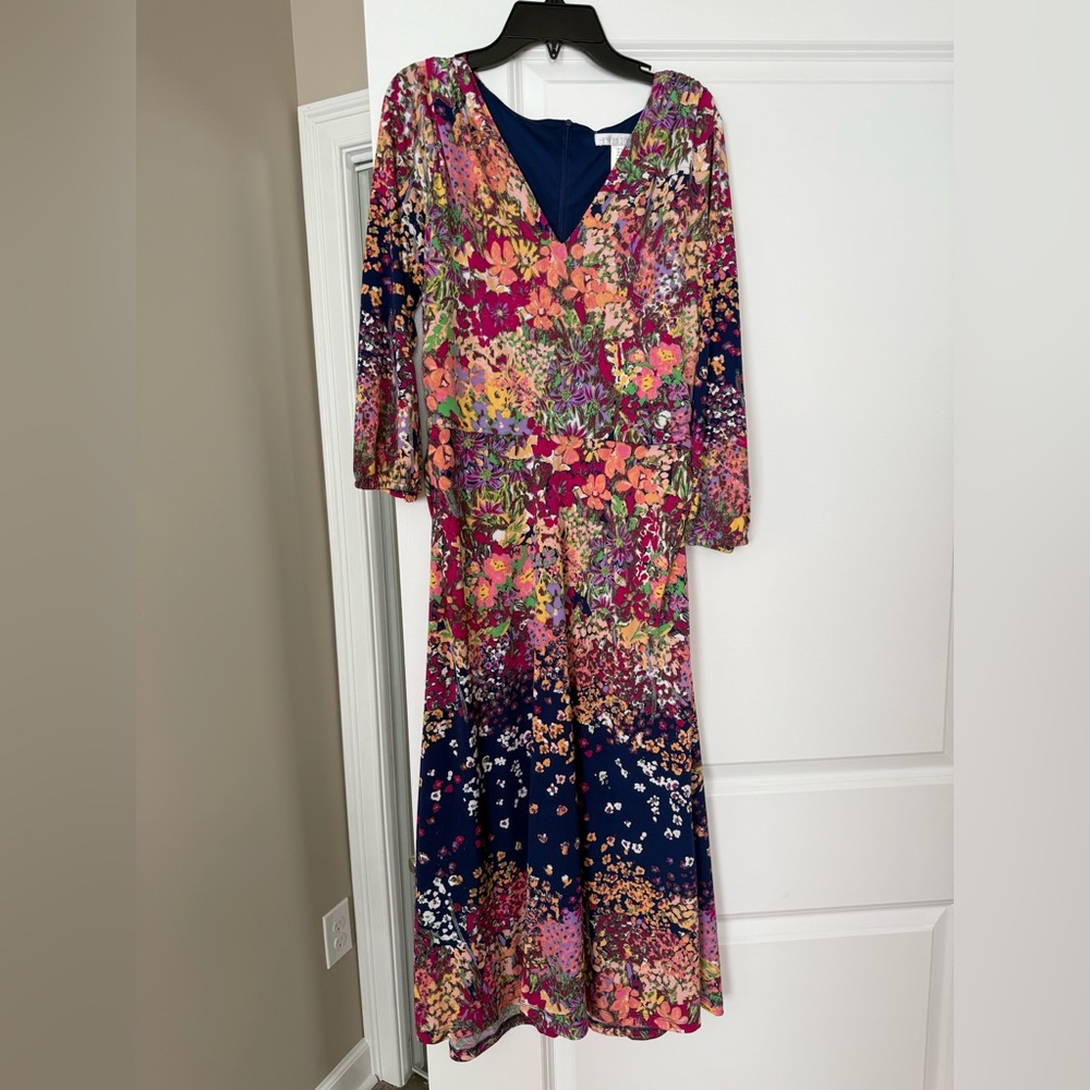 London Times Navy Dress with Multicolor Floral Design